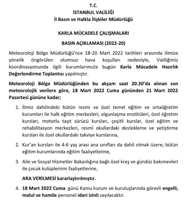 İstanbulda kamu personelleri (Hamile-Engelli) 18 Mart Cuma günü idari izinli mi