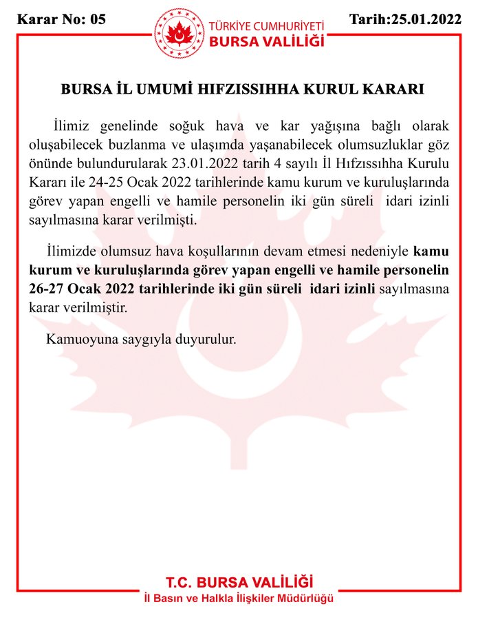 Bursada memurlara yarın tatil mi Bursada kamu personeli 26 Ocakta idari izinli mi (2)