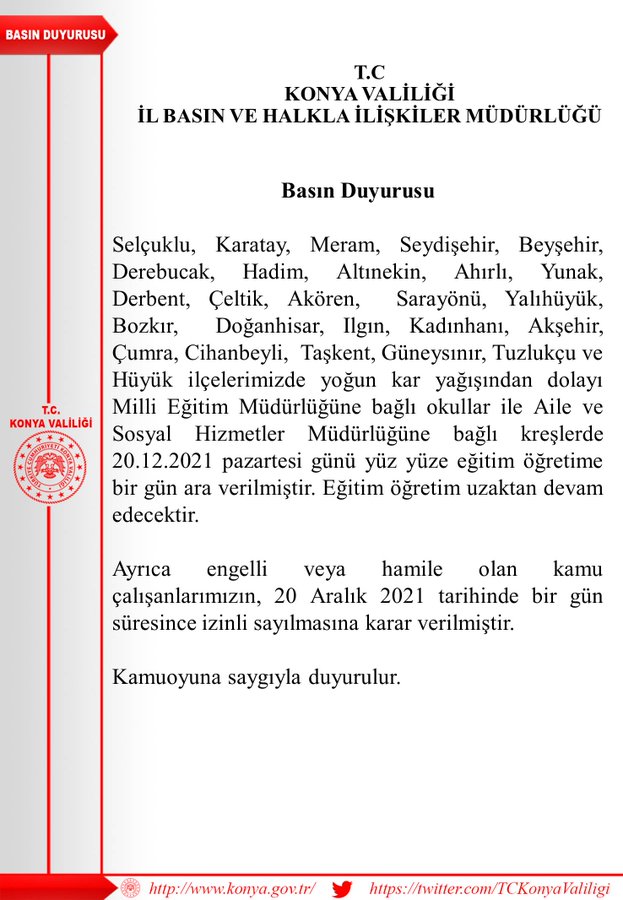 Konyada okullar tatil edildi hamile ve engelli kamu çalışanları idar izinli