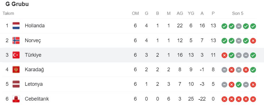 Türkiye Dünya Kupası eleme G Grubu puan durumu | Türkiye 2022 Dünya