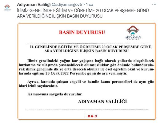 adıyamanda yarın okullar tatil mi