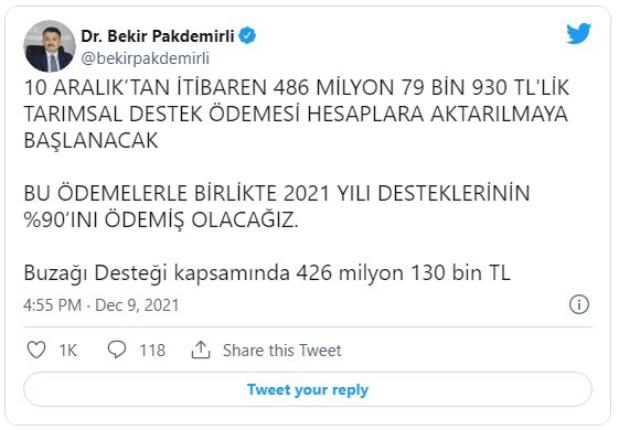 bekir pakdemirli tarımsal destek ödemesi