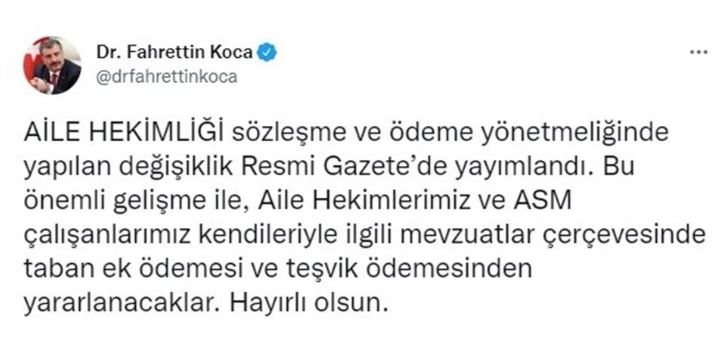 fahrettin koca aile hekimi desteği