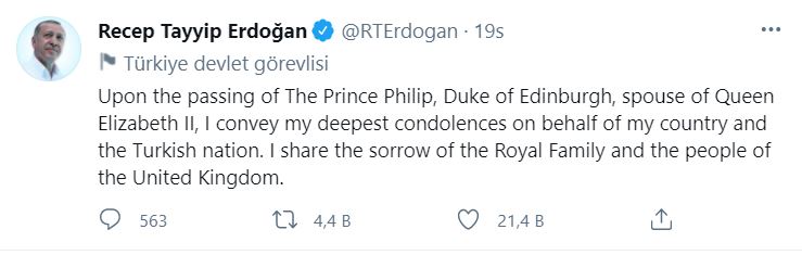 recep tayyip erdoğanın kraliçe ikinci elizabethe prens philip için yazdığı taziye mesajı