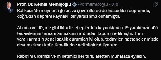 Depremin Ardından Yaralıların Durumu ve Taburculuk Bilgisi
