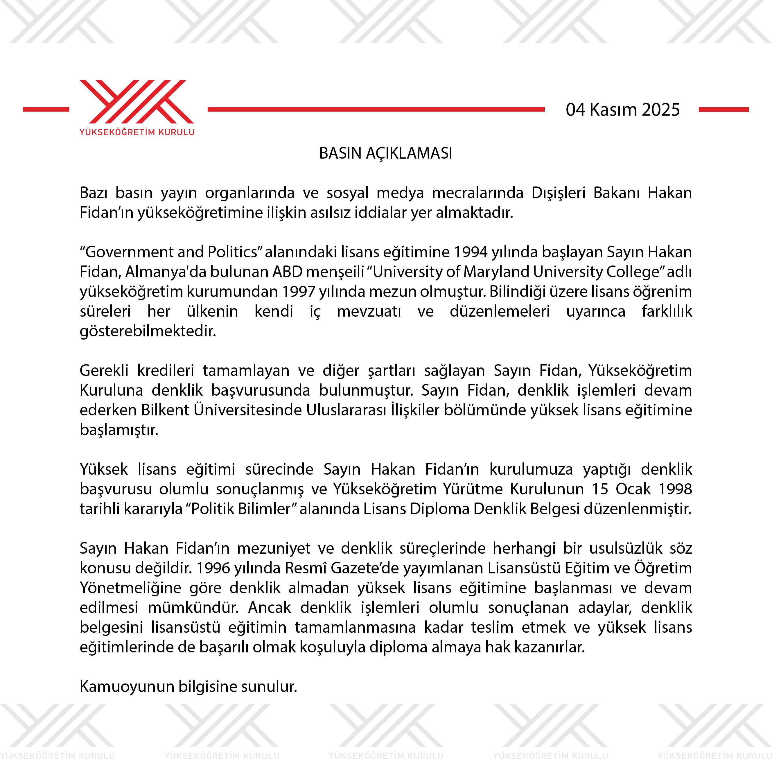 YÖK Açıklaması: Hakan Fidan’ın Yükseköğretim Süreçlerinde Usulsüzlük Yok